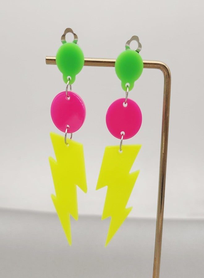 Modpide 80s Neon Clip on Earrings Non-Piercing for Women Colorful Lightning Acrylic Drop Earrings 80's Party Accessories (yellow) - Image 4